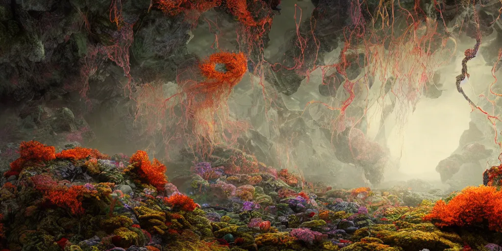 Image similar to Photorealistic intricate detailed picture of a levitating floating spirit with arms outstretched, made from colourful fungus tendrils. a gentle rising mist, an epic rocky landscape. occult photorealism, UHD, amazing depth, glowing, golden ratio, 3D octane cycle unreal engine 5, volumetric lighting, cinematic lighting, cgstation artstation concept art