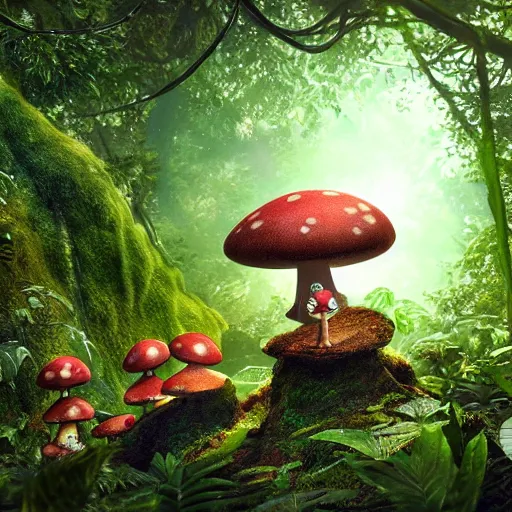 Image similar to Intricate detailed illustration, A small and happy humanoid mushroom frolicking in a lush tropical jungle, 🍄 , cinematic lighting, by Philip Hood, wide angle, volumetric light scattering, 8k, artstation, concept art,