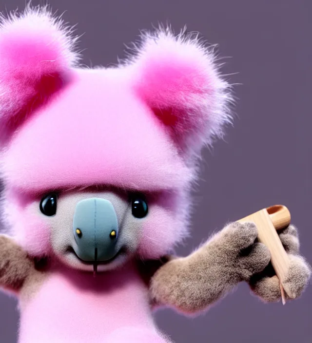 Image similar to high quality 3 d render hyperrealistic very cute small pink koala smoking weed joint, rising smoke, plush mascot, short spiky dense fluffy smooth hair, photo from the side, pink fluffy fur, 1 5 0 mm, beautiful natural soft light, rim light, vray, smooth background, artstation, ultra detailed