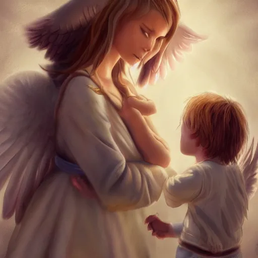 Image similar to Angel protecting child by Ben Evrard, very detailed, deviantart, artstation