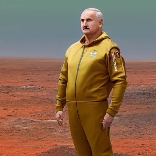 Image similar to realistic photo of alexander lukashenko standing on the surface of mars in tracksuit