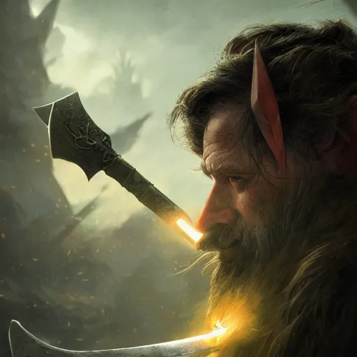 Prompt: dramatic cinematic artwork close up of Gimli as an elf wielding swords, fighting orcs in a battle by Greg Rutkowski, 4k, masterpiece, sun rays