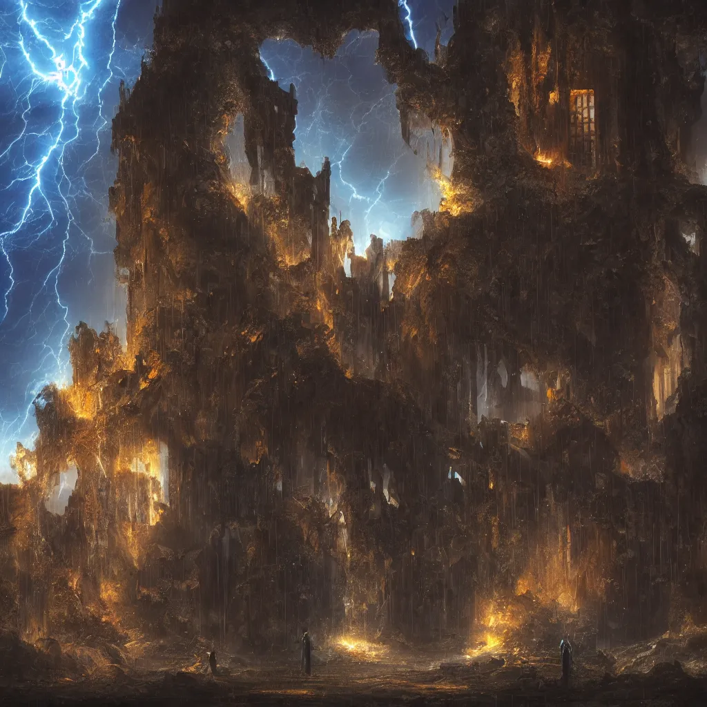 Image similar to a still of a cloaked figure standing in the ruins of crux prime, monastery, there is lightning, blue fiery maelstrom in the distance, it is raining, digital art, artstationhq