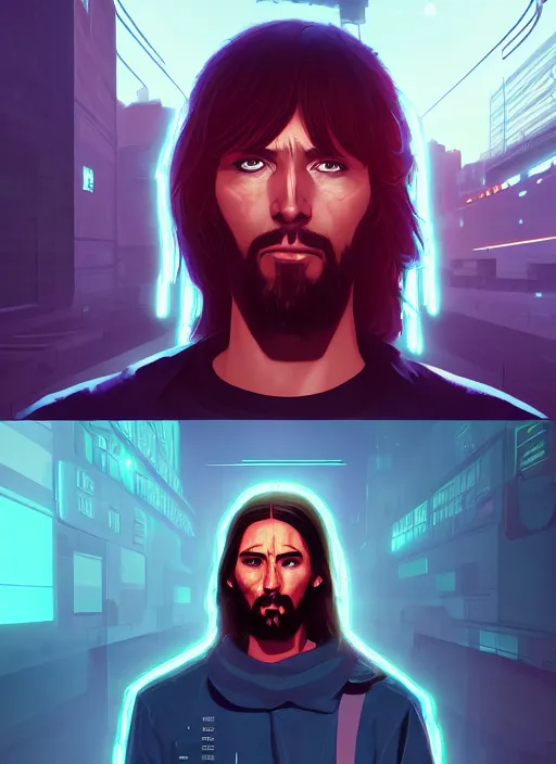 Image similar to « a portrait of a cyberpunk jesus, a character portrait by paul kelpe, reddit contest winner, sots art, ilya kuvshinov, 2 d game art, parallax »