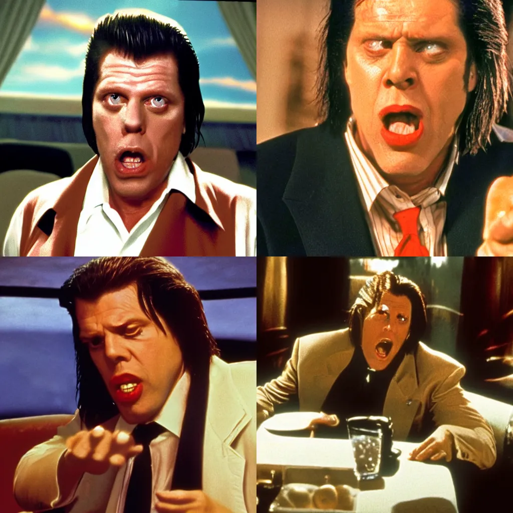 Prompt: still of Gary Busey as Vincent Vega in Pulp Fiction, 4k photorealistic, cinematic, extremely detailed,