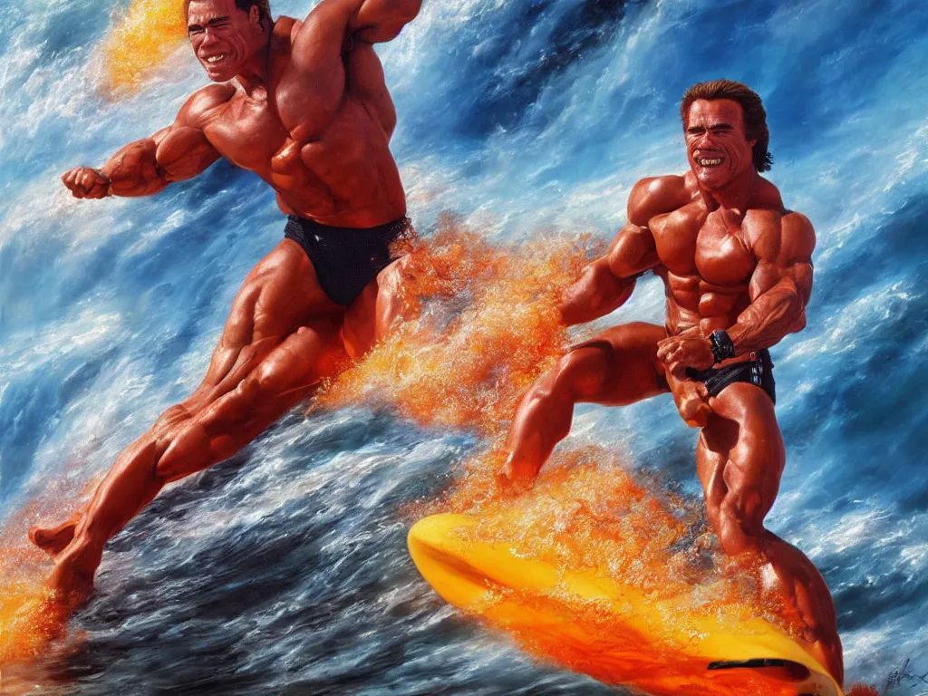 Prompt: detailed portrait of an arnold schwarzenegger surfing on lava wave by boris vallejo, stunning scene, 8 k, digital painting, hyperrealism, bright colors, trending on artstation