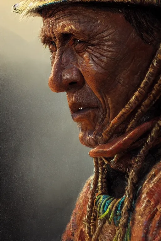 Image similar to aztec fisherman, close - up portrait, poor, intricate, elegant, volumetric lighting, scenery, digital painting, highly detailed, artstation, sharp focus, illustration, concept art, ruan jia, steve mccurry