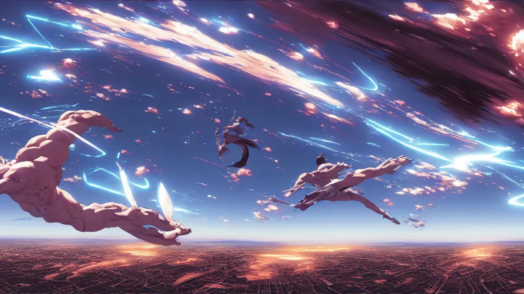 Image similar to highly detailed comic spread depicting an impactful action scene on the sky, high details, dynamic art by murata, moebius, makoto shinkai, craig mullins, digital painting, masterpiece, best selling, pixiv, volumetric lighting, realistic shaded lighting, 8 k, highly detailed render,