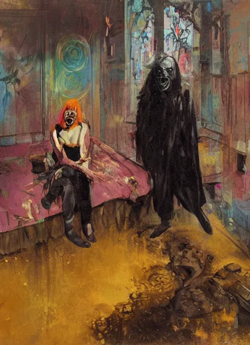 Prompt: two dark figures laughing inside a decayed Romanian motel room, Neo-Gothic, gothic, rich deep colors. intricate artwork in the style of Adrian ghenie and Francis bacon, part by Gerhard Richter, part Edward Hopper and part Petra cortright, highly detailed, very coherent, horror, rich colours