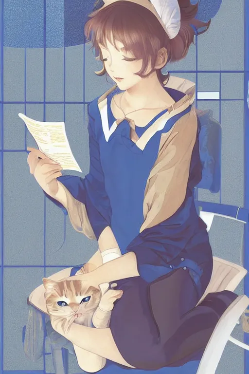 Prompt: a digital painting of a girl reading a book with a cat in A comfortable study room at night,blue theme,geometric shapes,S line,hard edges,jk uniform ,Hairdryer by mucha and krenz cushart and range murata