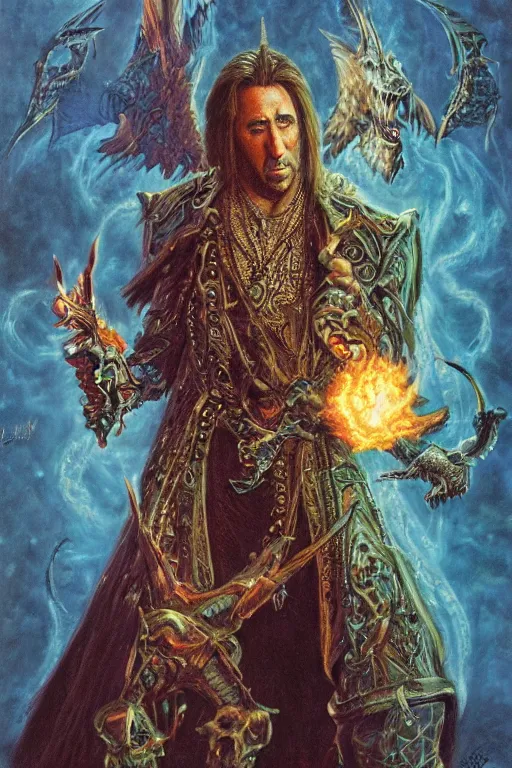 Prompt: Nicolas Cage as wizard, fantasy, intricate, highly detailed, artstation, illustration by ken kelly