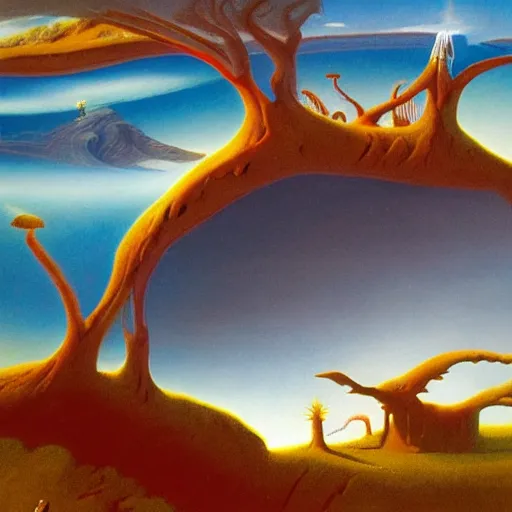 Prompt: A dreamy spiritual land by Roger Dean, 8K concept art, detailed