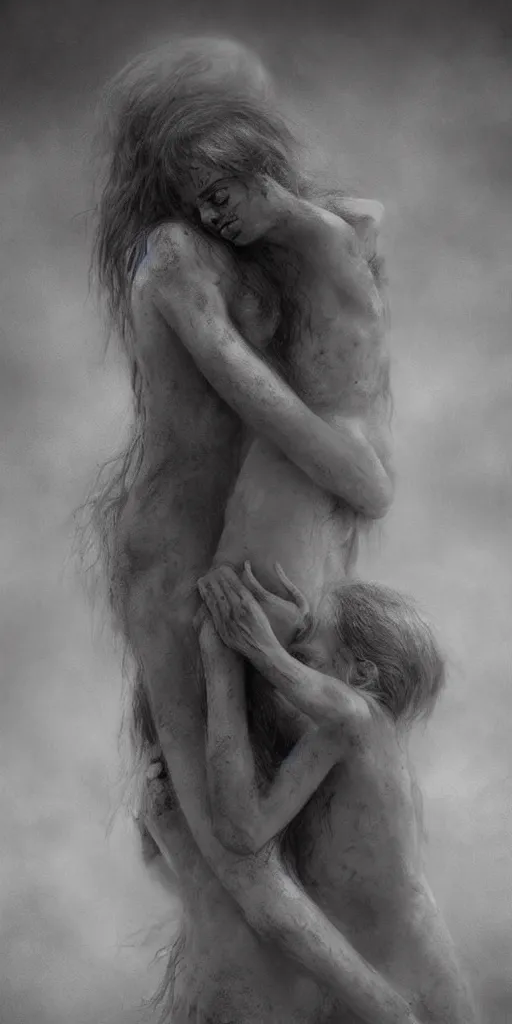 Image similar to death child and women hugging, in the style of keith thompson and zdzislaw beksinski, artstation hd, 8 k, surrealistic digital artwork, post apocalyptic street