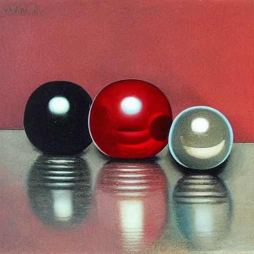 Prompt: chrome spheres on a red cube by caravaggio