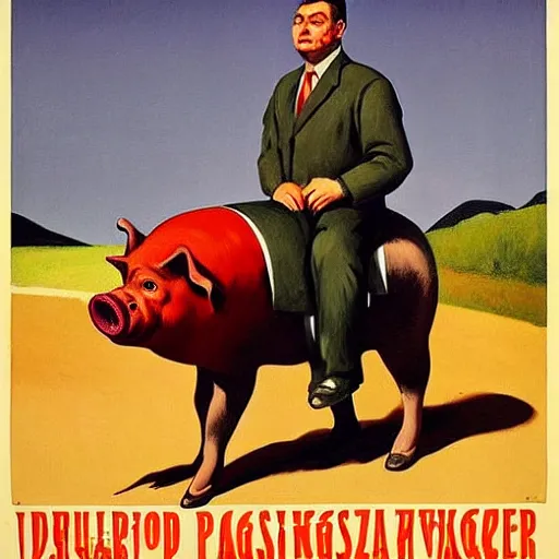 Prompt: highly detailed propaganda poster portrait of the leader of fascist hungary, viktor orban riding a pig during a traditional pig slaughter, painted by edward hopper