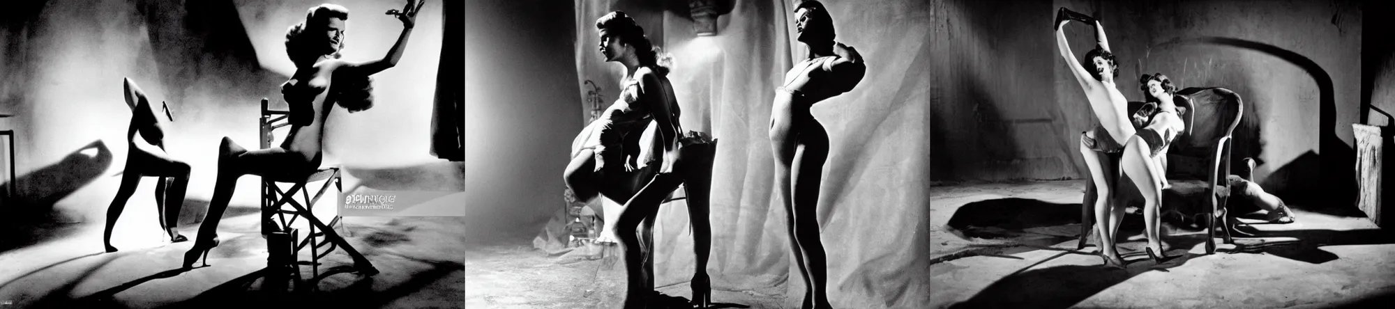 Prompt: scene from felicia, a 1 9 4 8 film by orson welles starring rita hayworth in the style of marquis de sade. black and white, studio lighting, award winning photography.