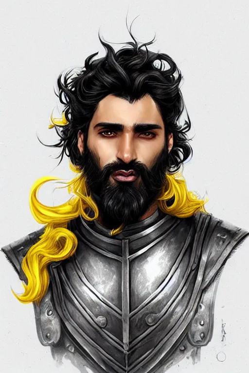 Prompt: Arab man light beard, curly hair, knight, hero, leather armor, yellow and charcoal, character concept art, costume design, black eyes, white horns, trending on artstation, Artgerm , WLOP