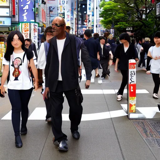 Prompt: samuel l jackson walking around akihabara wearing anime merchandise, high detail, 4 k, sunny, detailed, clear sky.