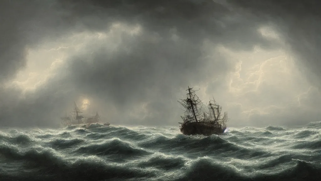 Prompt: a surreal dreamlike scene of a ghost ship at sea during a thunderstorm, somber melancholic matte painting, highly detailed oil painting, liminal space, 8k, ghostly solitude, sorrowful nostalgic awe-inspiring atmosphere, masterpiece