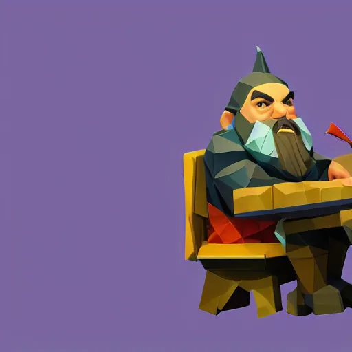 Prompt: A low poly dwarf sitting at a desk surprised at the amount of mail on the desk, deep rock galactic