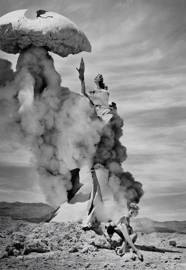 Image similar to fashion editorial on Nevada nuclear bomb test site. 1956. highly detailed. depth of field. high definition. 8k. photography.