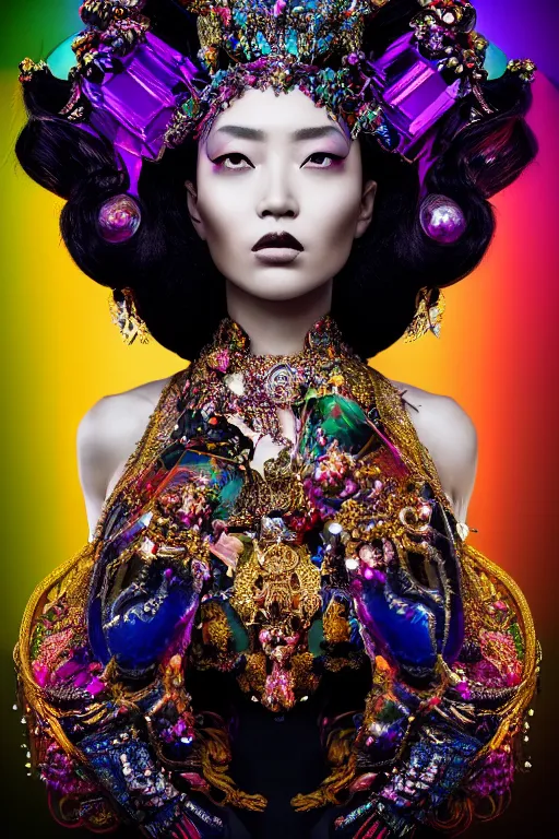 Image similar to a singular beautiful empress dramatic portrait, black hair, with a brilliant, impossible striking shiny big multi colored crystal headpiece, symmetrical, reflective surface, rainbow crystal clothes, rococo, baroque, jewels, asian, realistic, dramatic studio lighting, closeup, D&D, fantasy, intricate, elegant, highly detailed, digital painting, artstation, octane render, 8k, concept art, matte, sharp focus, illustration, art by Artgerm and Greg Rutkowski and Alphonse Mucha