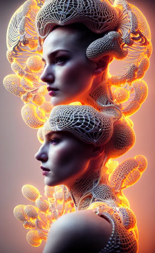 Image similar to intricate hyper detailed ultra sharp 3 d render of a beautiful smooth porcelain seductive cyborg woman portrait, medium shot portrait, bright light, alexandre ferra mecha, yellow deeply cyberpunk art nouveau haute couture huge fractal white mycelum and fungi head ornaments, big embroidered leaves filigree spreaded roots, octane render, volumetric cinematic lighting, 8 k, vray tracing