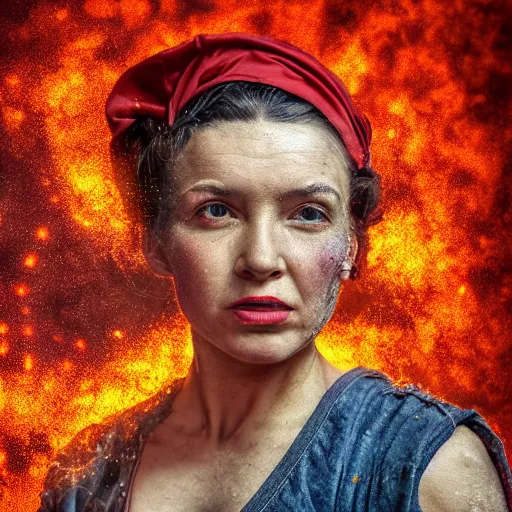 Prompt: a portrait of Rosie the riveter, industrial setting, dynamic pose, sweat and grime, close-up, intricate details, intricately detailed clothing, intricate textures, warm lighting, vivid colors, sparks flying, smoke and mist, realistic octane render, hyper realistic render, volumetric shading, depth of field, raytracing, 8k,
