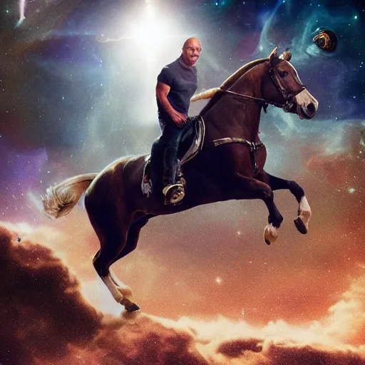 Prompt: Vin Diesel riding a horse in space