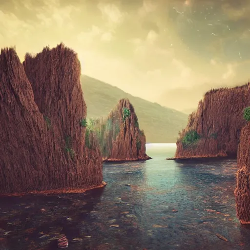 Image similar to digital art of a lush natural scene on an alien planet. beautiful landscape. weird vegetation. cliffs and water. grainy and rough. soft interesting colour palette. beautiful light. high quality render.