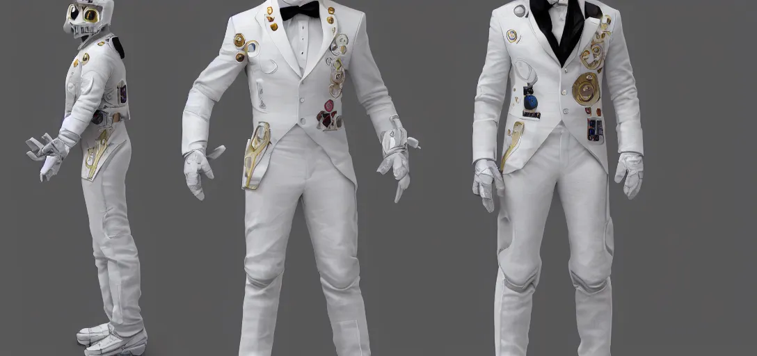 Image similar to character sheet concept art of a galaxy skin wearing a white tuxedo, realistic, hyperrealistic, photographic, costume, wlop, dan mumford, greg rutkowski, high detail, octane render, alexander mcqueen, james gurney, james jean, mucha, photo, 8 k, intricate