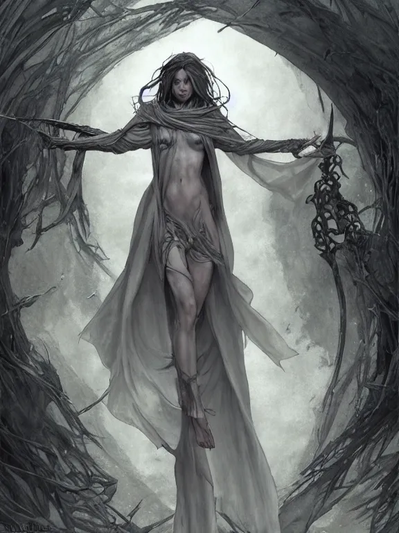 Image similar to female revenant, grey tarnished robes, vengeful, floating, no legs, high fantasy, magitek, monochromatic, matte digital illustration, by koyorin, donato giancola, pixiv