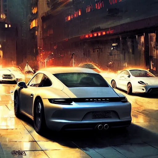 Image similar to porsche in city, chaos, digital art,ultra realistic,ultra detailed,art by greg rutkowski