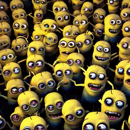 Image similar to demented, creepy, disturbing, evil possessed minions starting into camera, octane render, blender render, 8k,