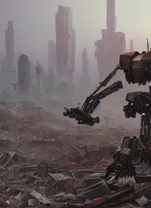 Image similar to A bipedal mech standing among the rubble of a destroyed city by Simon Stålenhag, artstation, mecha, military, science fiction, digital painting, 4k