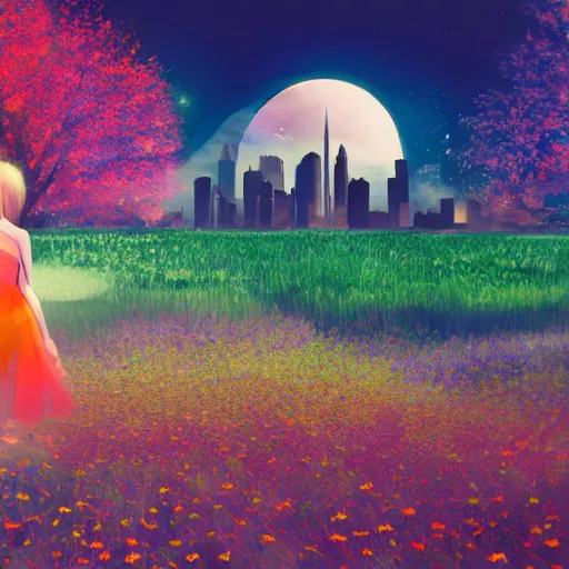 Image similar to A women in a field of flowers with a city in the background and a spaceship taking off, digital painting, volumetrics, light rays, 4k, by Mari Inukai and Bria Burke