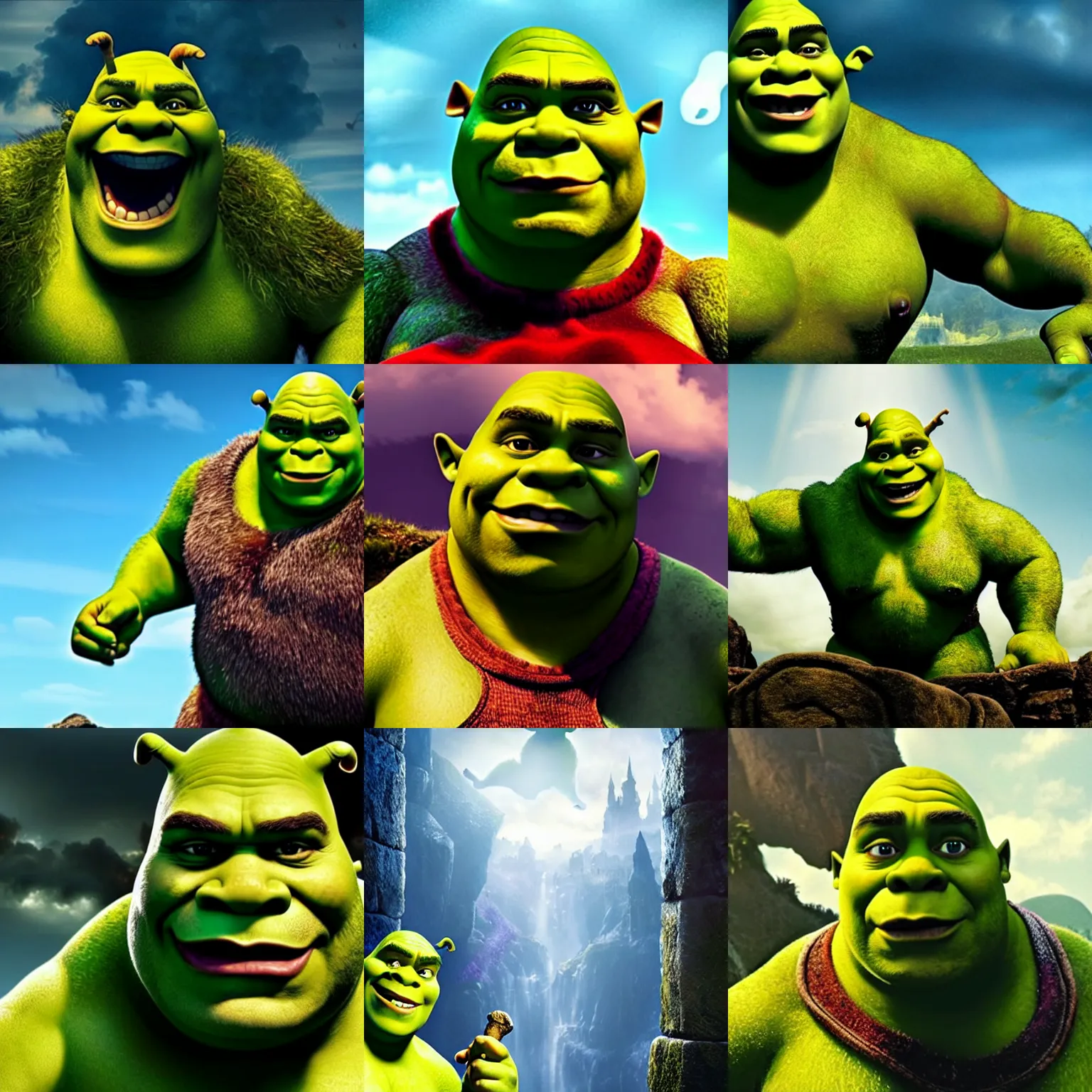 Prompt: shrek with a face of dwayne johnson, cinematic establishing shot, magical colours and atmosphere, perfect coherent composition, super realistic, professional photography 1 6 k