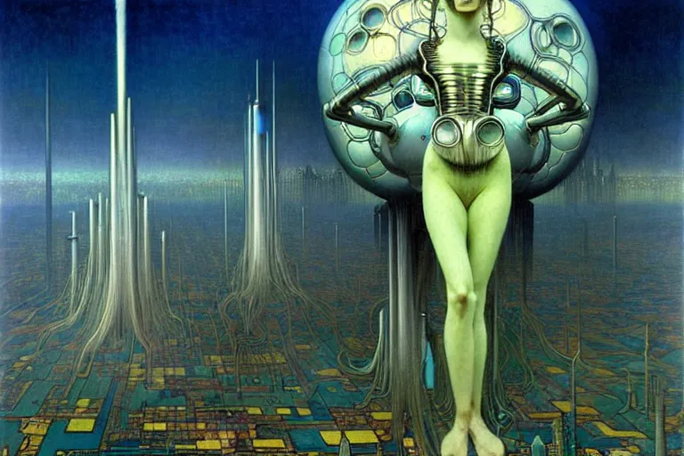 Image similar to realistic extremely detailed portrait painting of a ghost woman posing with anthropomorphic supercomputer robot, futuristic sci-fi city on background by Jean Delville, Amano, Yves Tanguy, Alphonse Mucha, Ernst Haeckel, Edward Robert Hughes, Roger Dean, rich moody colours, blue eyes