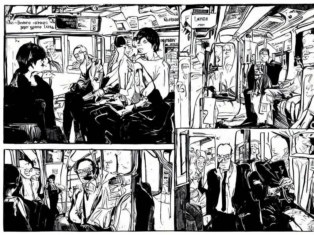 Image similar to a single comic panel by Daniel Clowes, 3/4 low angle view wide shot of two people sitting in an empty Chicago subway train, in front of windows: a sad Aubrey Plaza in a parka and a friendly Mads Mikkelsen in a suit