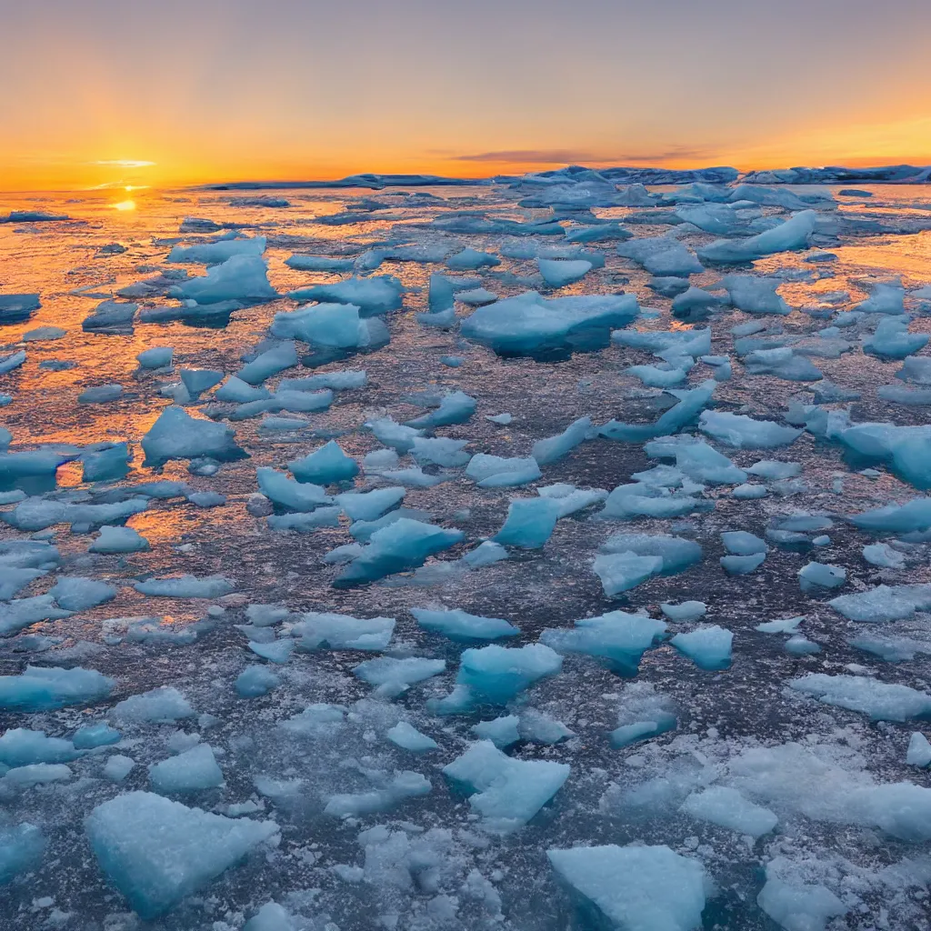 Prompt: arctic sunset ocean with ice in the water
