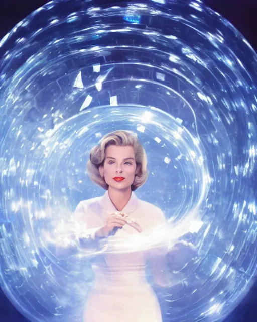 Prompt: Grace Kelly, Starring as Sue Storm in the new Fantastic Four Movie, Projects an iridescent giant force field bubble around her body, Color Movie Still Photograph, Hyper Real, Volumetric Smoke, Sparks, Atmospheric