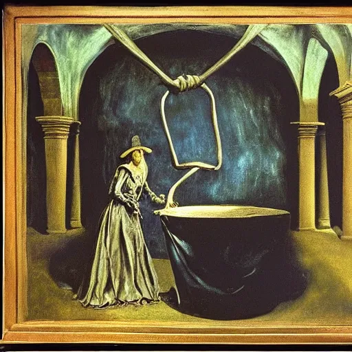 Image similar to An old wrinkled witch dressed in black stirring her cauldron. El Greco, Remedios Varo, Salvador Dali, Carl Gustav Carus, John Atkinson Grimshaw. Blue tint. Symetrical, logo, geometric shapes.