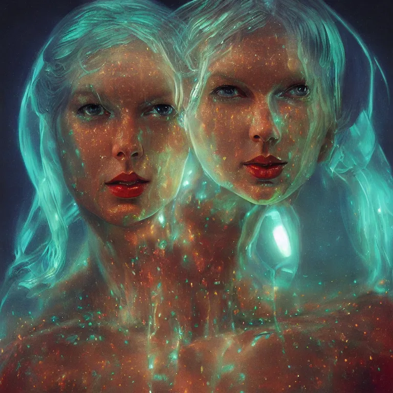 Prompt: Hyperrealistic intensely colored close up studio Photograph portrait of a deep sea bioluminescent Taylor Swift in a stillsuit, symmetrical face realistic proportions eye contact, sitting in Her throne underwater, award-winning portrait oil painting by Norman Rockwell and Zdzisław Beksiński vivid colors high contrast hyperrealism 8k