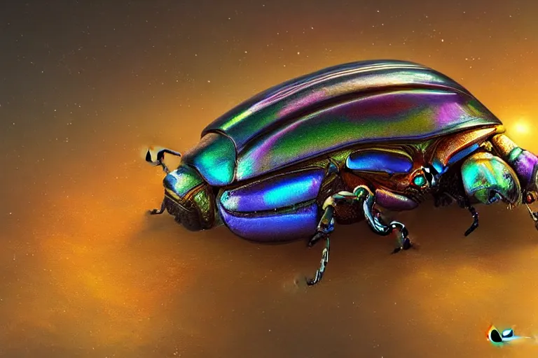 Image similar to iridescent beetle shell, by Thomas Kincade, Richard Sigamani, 8k photorealistic, HD, high details, concept art, trending on artstation