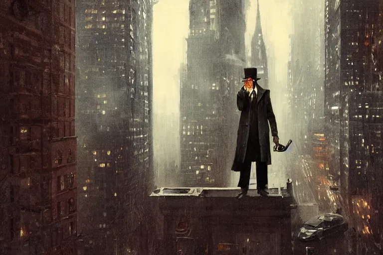 Image similar to stunningly mysterious, detective wearing a trench coat in profile smoking a sherlock holmes pipe on a perch facing the city at night, smooth, focus, highly detailed, hyper realistic, dramatic lighting, intricate, concept art, new york skyline, looking down, art by wlop, greg rutowski, artstation
