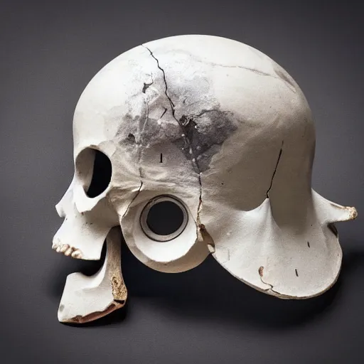 Image similar to symmetrical product photograph of a highly detailed ominous helmet made from fragmented bone and obsidian, damaged