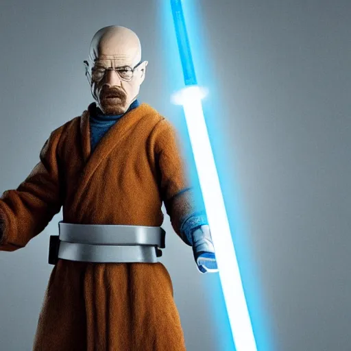 Prompt: Walter white as a jedi, he holds a blue lightsaber, epic, 8k