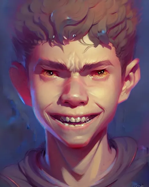 Prompt: digital art, fantasy portrait of a boy with a large smile, by james jean and greg rutkowski, by ross tran, ultra detailed, character design, concept art, trending on artstation,