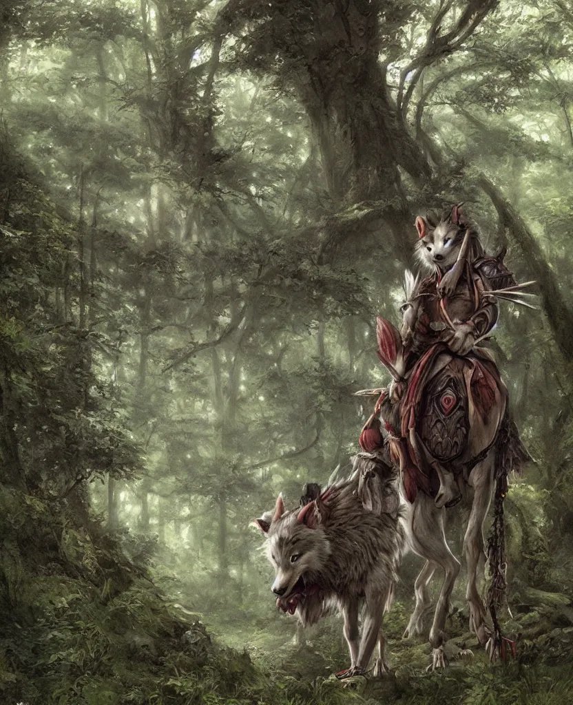 Image similar to portrait of fierce Princess Mononoke, fully clothed in armor, lush forest landscape, painted by james gurney, denoised, sharp, architectural