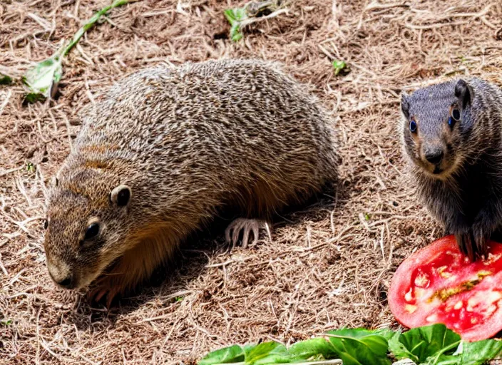 Prompt: groundhog eating a tomato